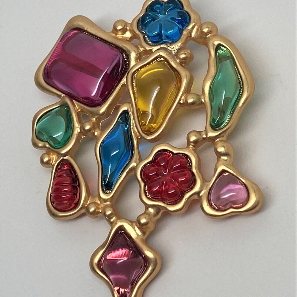 Gorgeous Vibrant Multi Color Resin Cabochon Gold Plated Pin Brooch